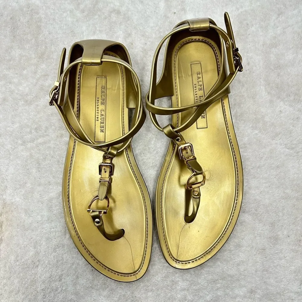 ⛔️SOLD⛔️NEW Ralph Lauren Collection Gold Jelly Strappy Horse bit Thong Buckl - Picture 3 of 9